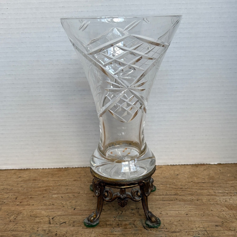 Vintage‎ Etched Cut Glass Trumpet Vase with Ornate Footed Metal Stand 8.5 inch